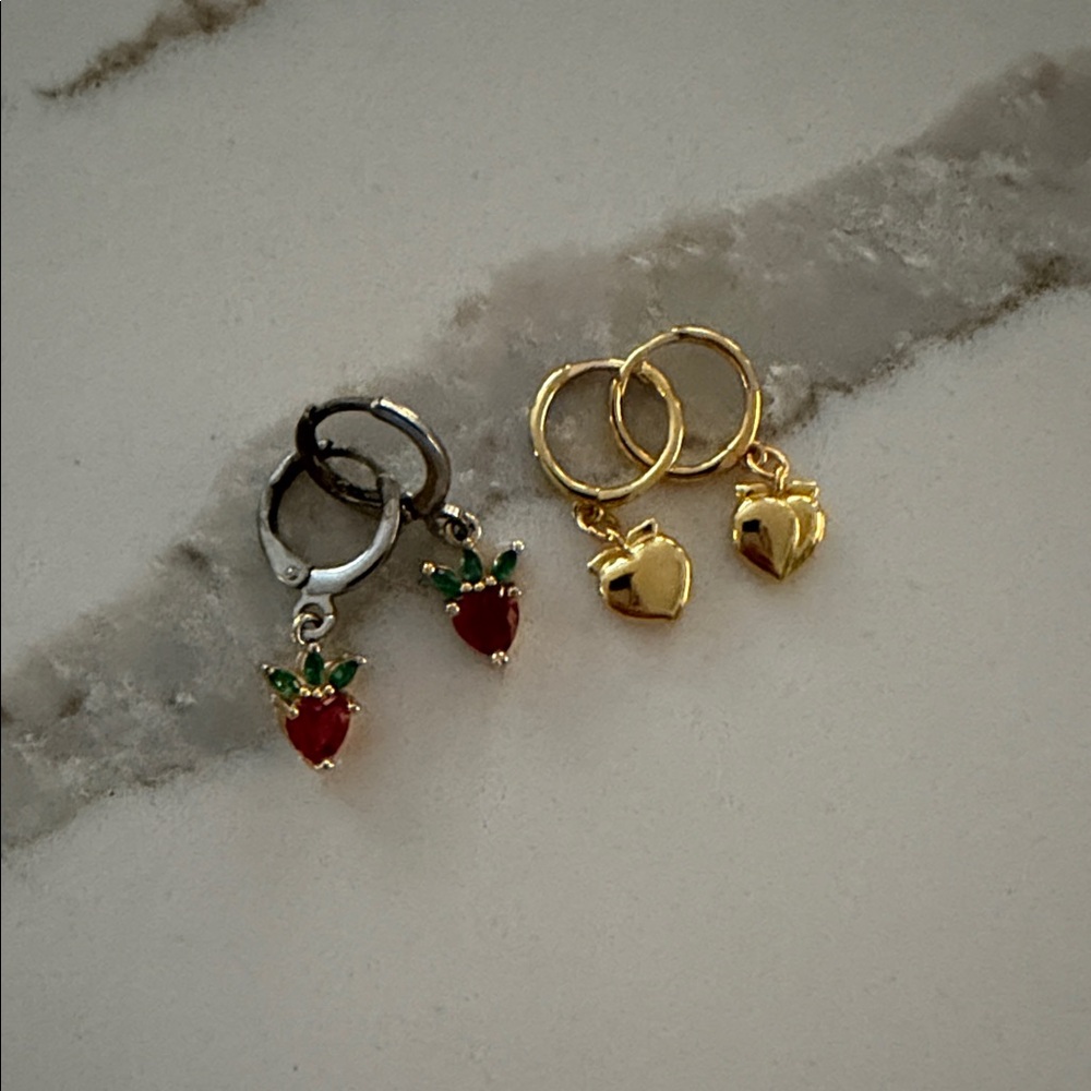 Gold and Silver Strawberry and Heart Earrings